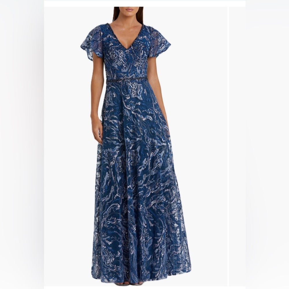 Mac Duggal Embellished Illusion Butterfly Sleeve A-Line Gown